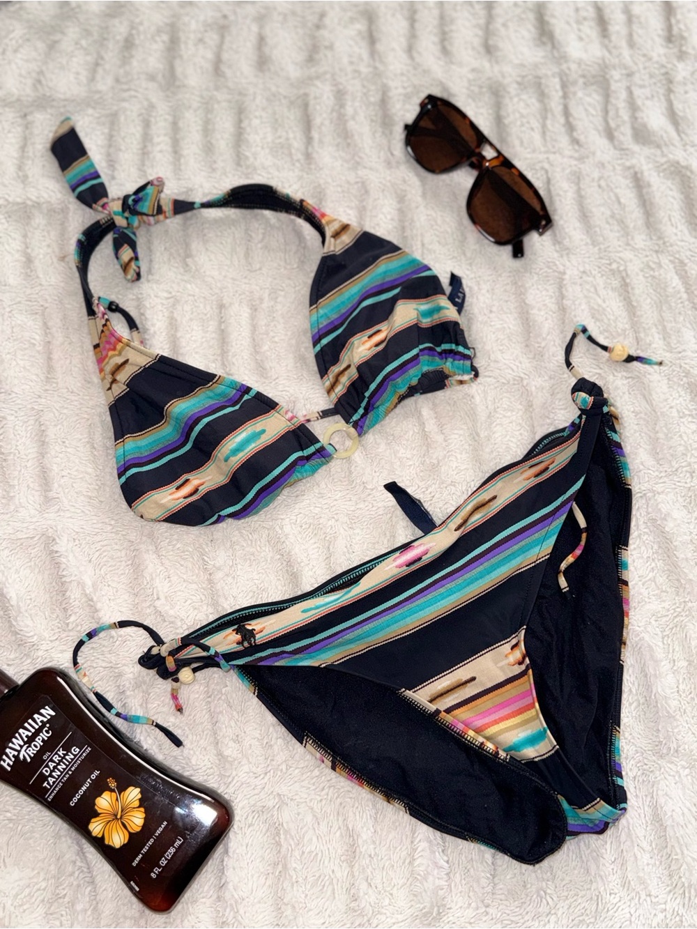 Ralph Lauren Navy Striped Tie-Side Bikini with Teal & Pink Accents